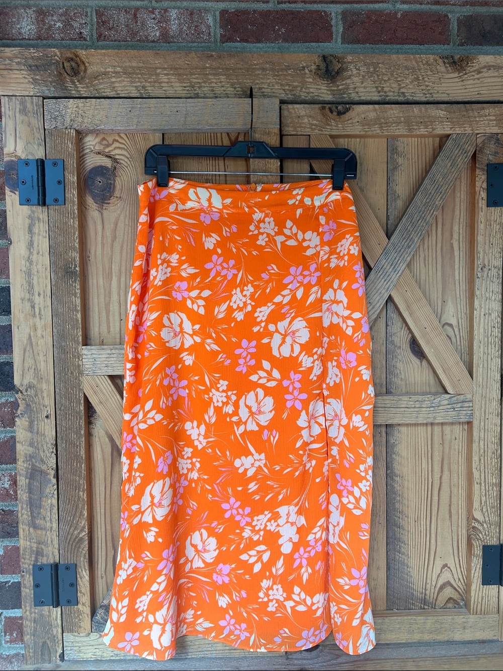 Sage The Label Vibrant Orange with purple accents Floral Midi Skirt XL, Hawaiian